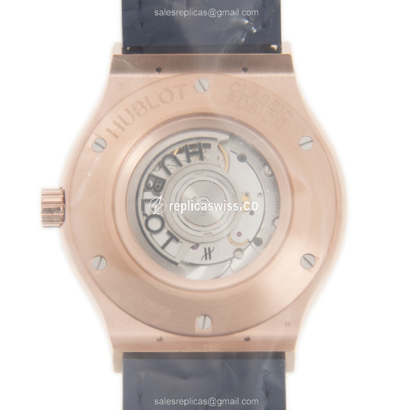 Hublot Classic Fusion Replica - Automatic - 18kt Rose Gold - Blue Dial - Rubber Strap - View 3