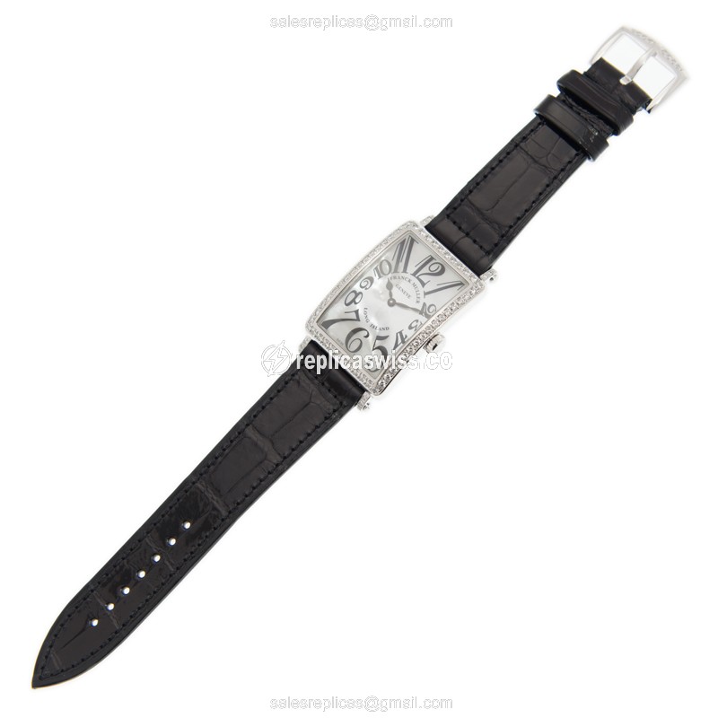 Franck Muller 952 QZ LONG ISLAND Quartz - Diamond Case - White Dial - Pink Alligator Strap - Buckle Clasp - View 2