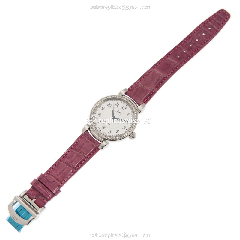 IWC Replica DA VINCI Automatic - White Dial, Diamonds, Steel Case - Purple Alligator Strap - View 2