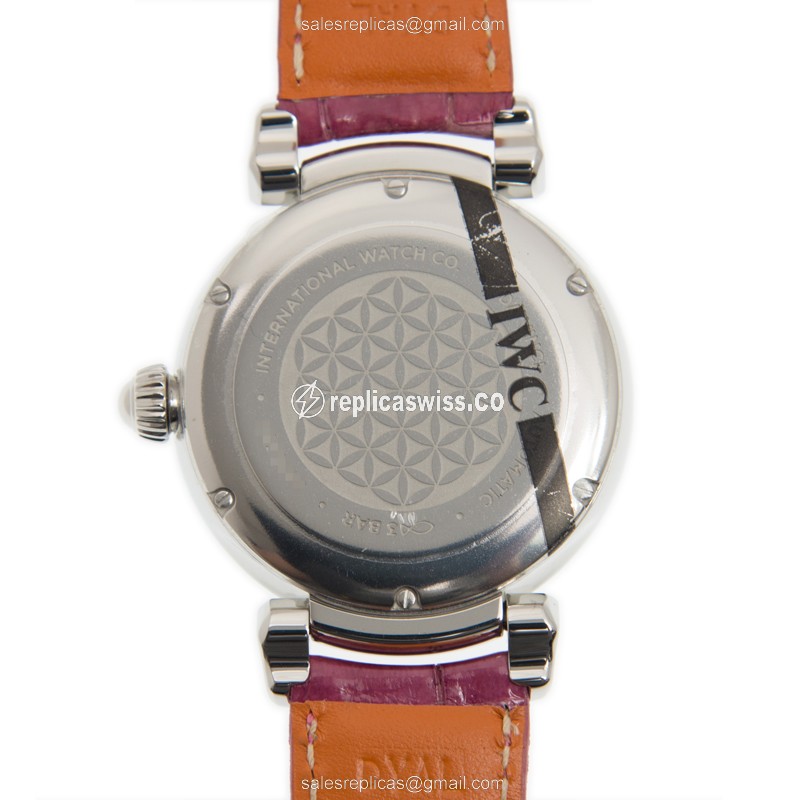 IWC Replica DA VINCI Automatic - White Dial, Diamonds, Steel Case - Purple Alligator Strap - View 3