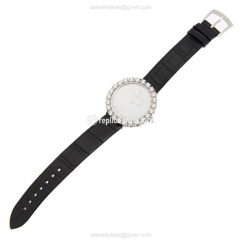 Corum 058.100.69/0001 Replica - Automatic - 18kt White Gold - Diamond - White Dial - Black Alligator Buckle - View 2