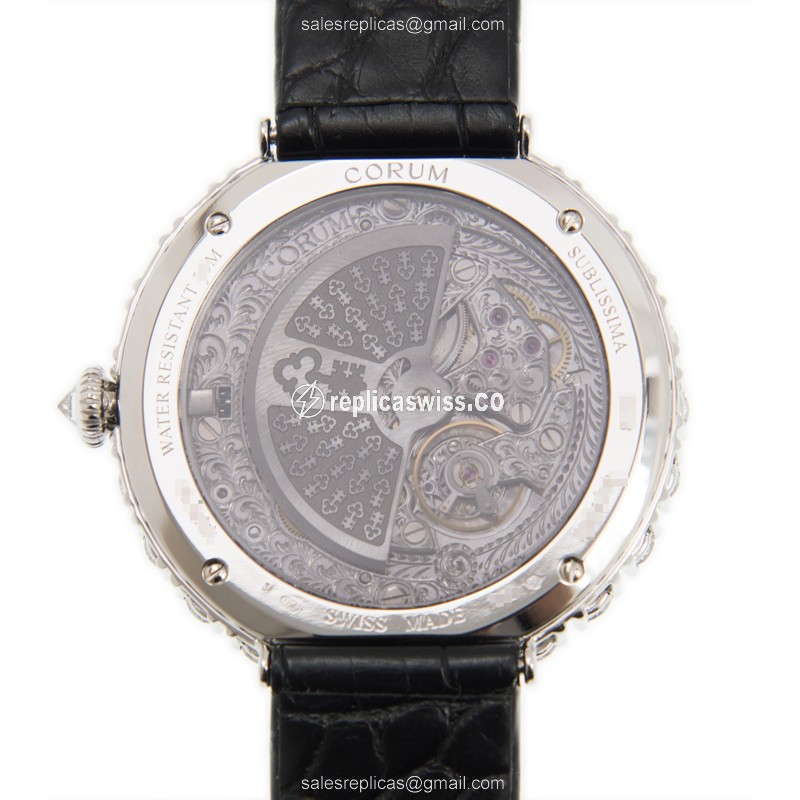 Corum 058.100.69/0001 Replica - Automatic - 18kt White Gold - Diamond - White Dial - Black Alligator Buckle - View 3