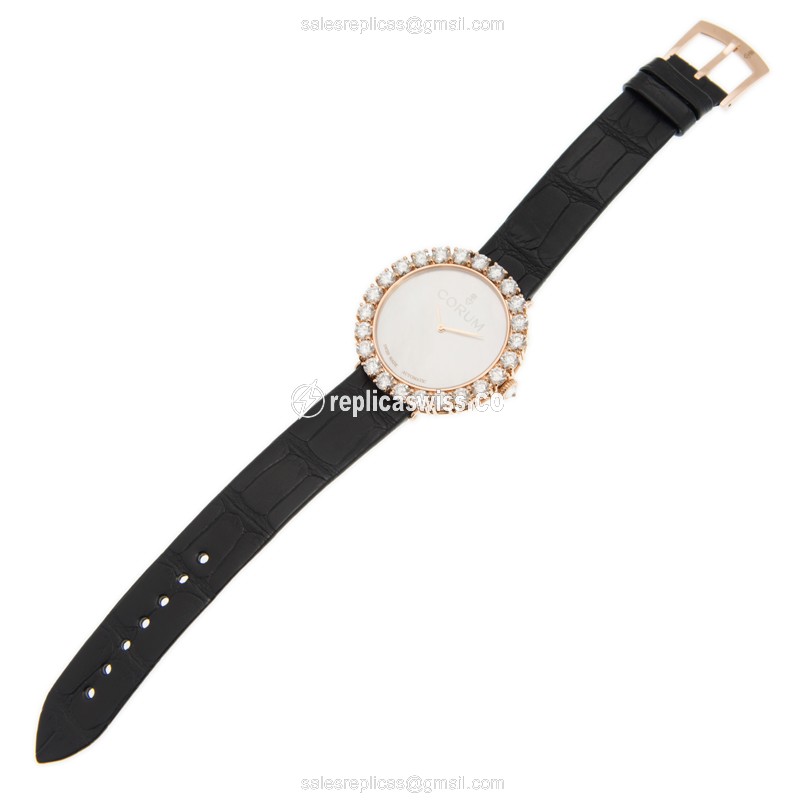 Corum CLASSIQUE Replica - Automatic 18kt Rose Gold - Diamond Dial - White - Alligator Black Strap - View 2