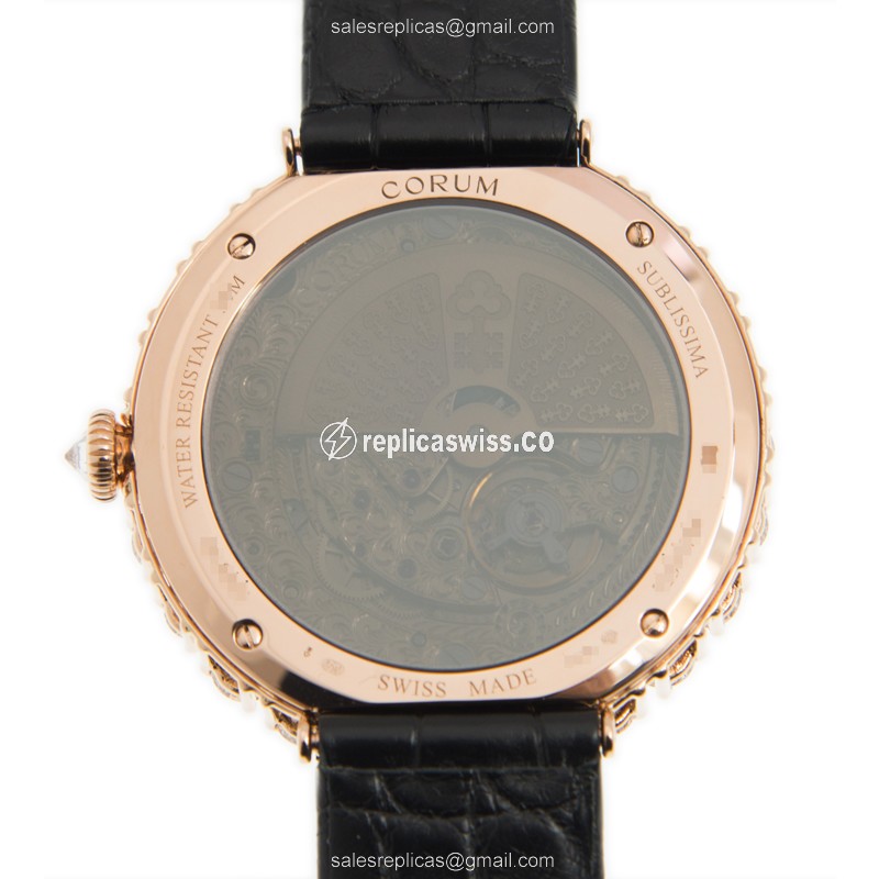 Corum CLASSIQUE Replica - Automatic 18kt Rose Gold - Diamond Dial - White - Alligator Black Strap - View 3