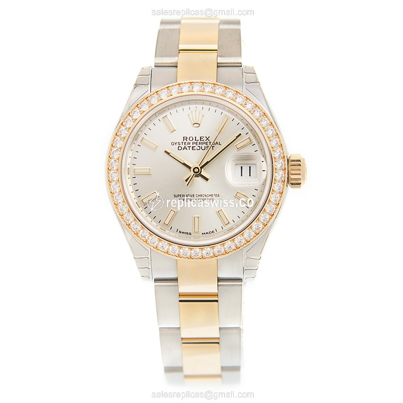 Rolex Lady Datejust Replica - Automatic - 18kt Gold & Diamond - Silver Dial, Gold & Steel Strap - View 2