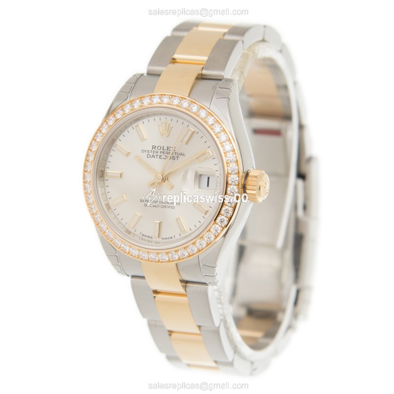 Rolex Lady Datejust Replica - Automatic - 18kt Gold & Diamond - Silver Dial, Gold & Steel Strap - View 3