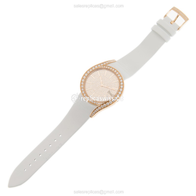 Piaget Limelight Quartz 18kt Rose Gold - Diamond Dial - Buckle Clasp - White Satin Strap - View 2