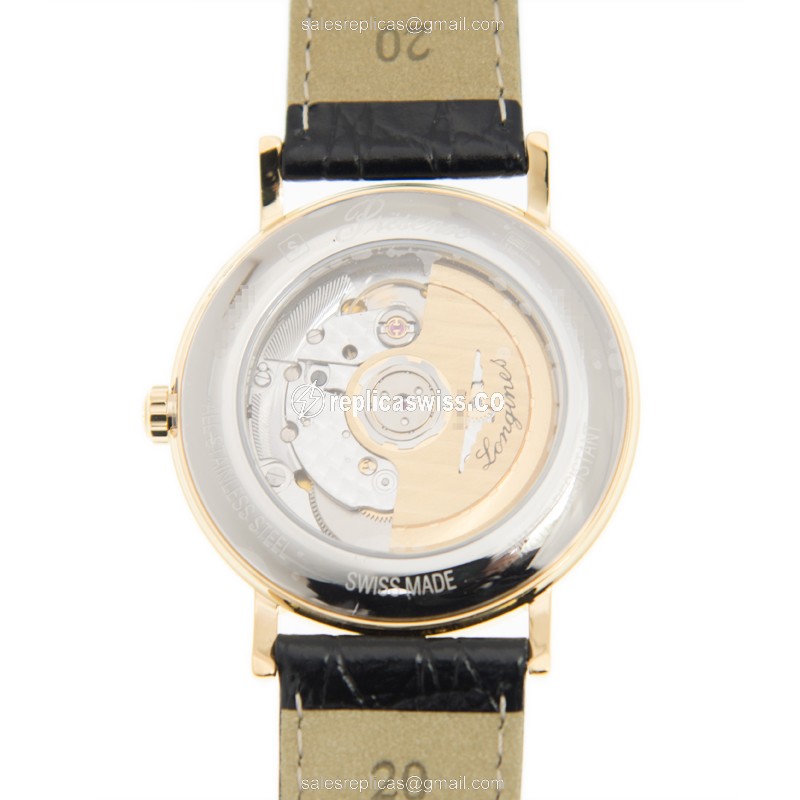 Longines Presence Replica - Automatic PVD Gold - White Dial, Black Alligator Strap - View 3
