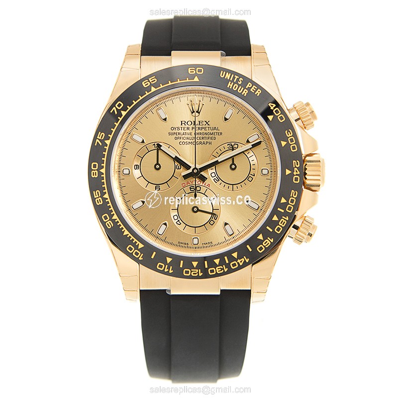 Rolex Daytona Replica - Gold Case - Automatic - Gold Dial - Black Rubber Strap - View 2