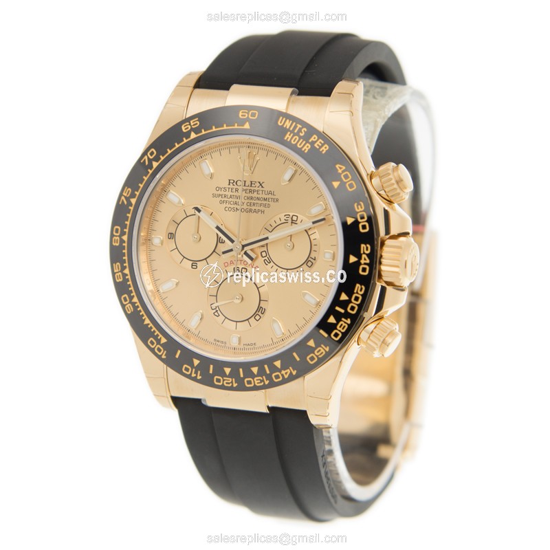 Rolex Daytona Replica - Gold Case - Automatic - Gold Dial - Black Rubber Strap - View 3