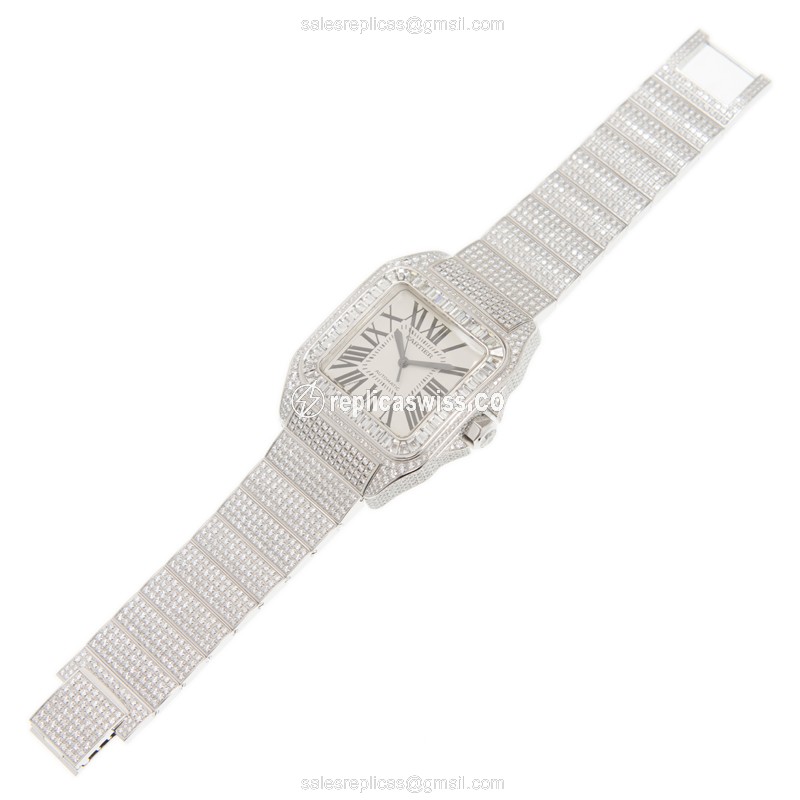 Cartier Santos Replica - Automatic - 18kt White Gold - Diamond Case - White Dial - View 2