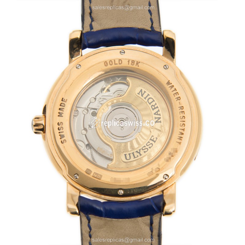 Ulysse Nardin 136-11/FLC Replica - Automatic 18kt Rose Gold - Blue Dial - Blue Alligator Strap - View 3
