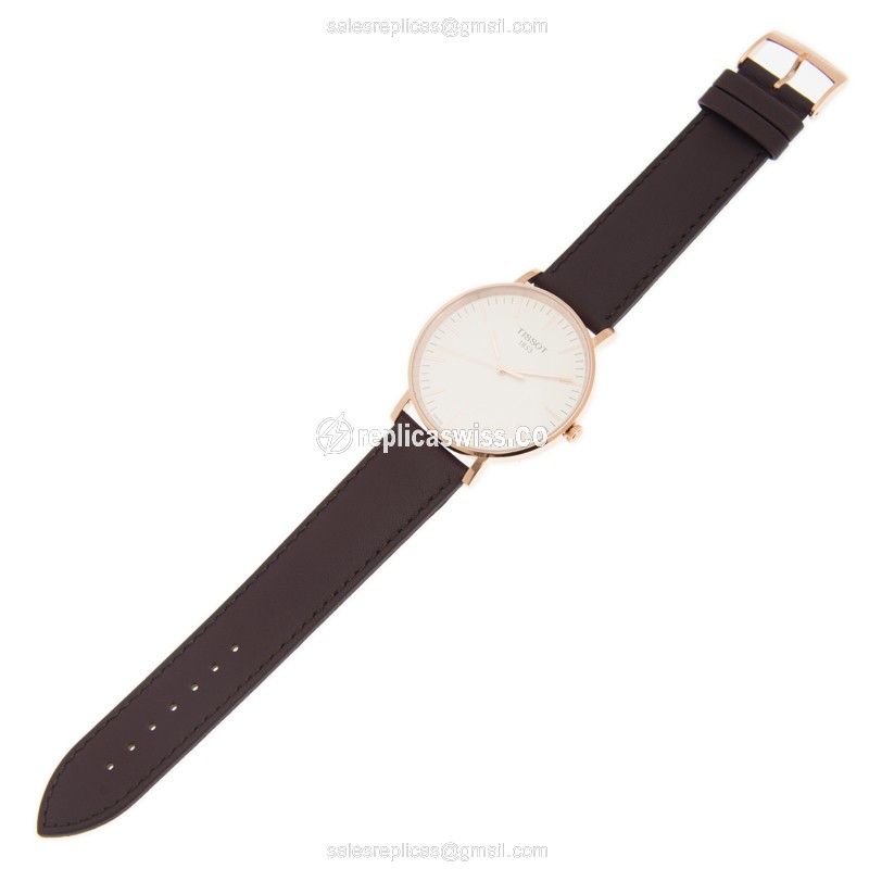 Tissot T-CLASSIC Replica - Quartz - 18kt Rose Gold - White Dial - Leather Brown Strap - View 2