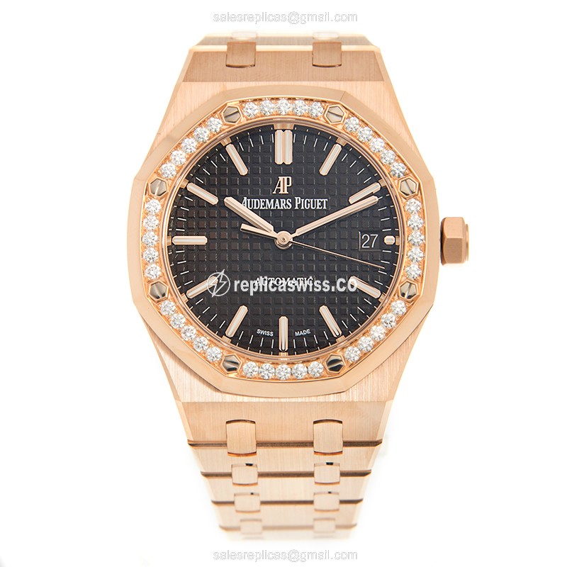 Automatic ROYAL OAK Replica - 18kt Rose Gold - Diamonds - Brown Dial - Gold Strap - View 2