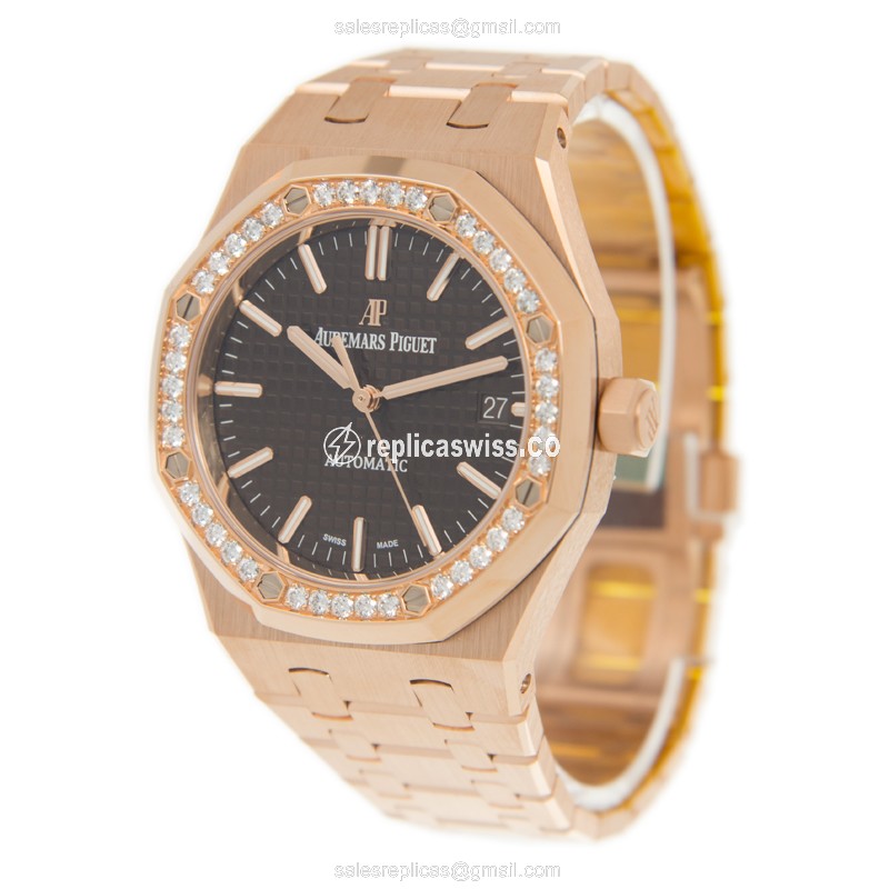 Automatic ROYAL OAK Replica - 18kt Rose Gold - Diamonds - Brown Dial - Gold Strap - View 3