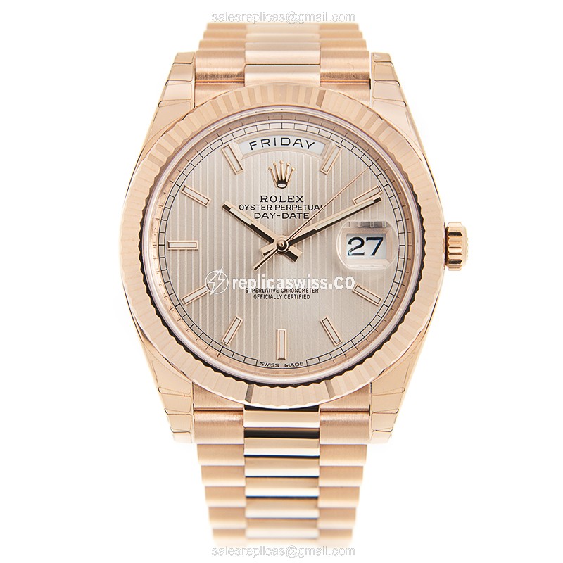 Rolex DAY-DATE Replica - 18kt Rose Gold - Automatic - Pink Dial - Gold Strap - View 2