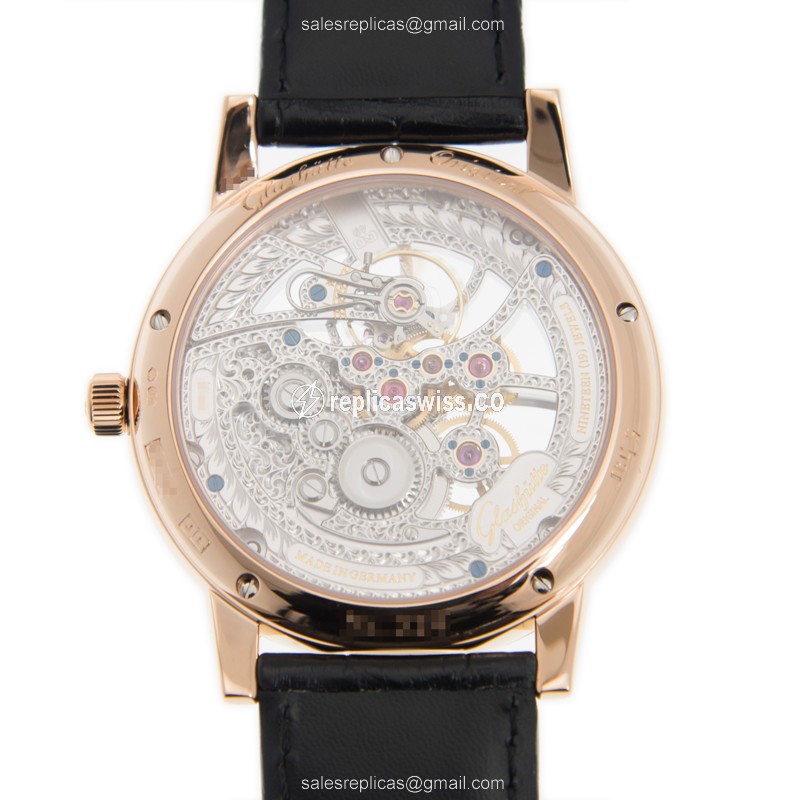 Glashutte Senator Manual Winding Skeletonized - 18kt Rose Gold Case - Silver Dial - Black Alligator Strap - View 3
