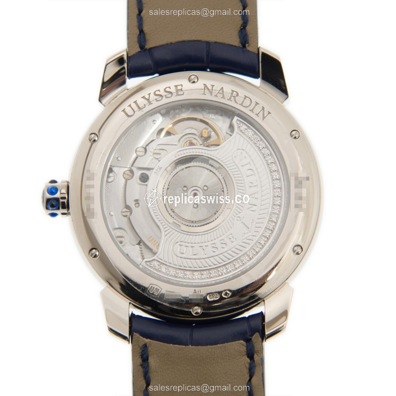 Ulysse Nardin Classic 8150-112/PB - Auto 18kt White Gold - Blue Dial & Diamond - Blue Alligator Buckle - View 3