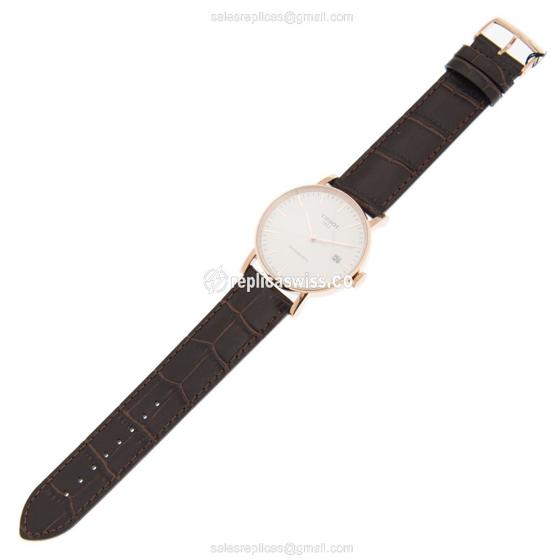 Rolex T-CLASSIC Automatic Replica - Gold PVD - White Dial - Brown Leather Strap - View 2
