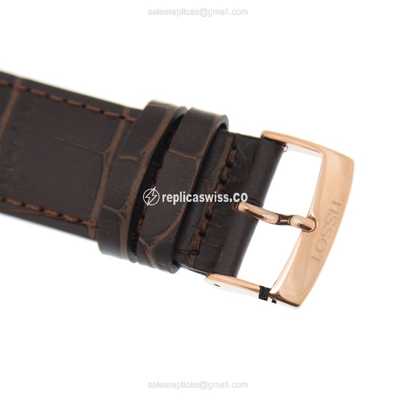 Rolex T-CLASSIC Automatic Replica - Gold PVD - White Dial - Brown Leather Strap - View 4