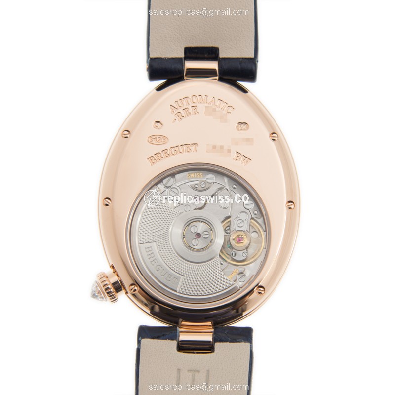 Breguet REINE DE NAPLES Replica - 18kt Rose Gold - Diamonds - Brown Dial - Blue Alligator Strap - View 3