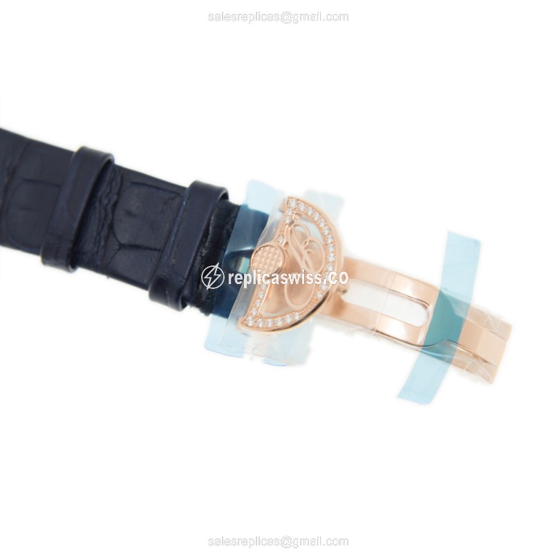 Breguet REINE DE NAPLES Replica - 18kt Rose Gold - Diamonds - Brown Dial - Blue Alligator Strap - View 4