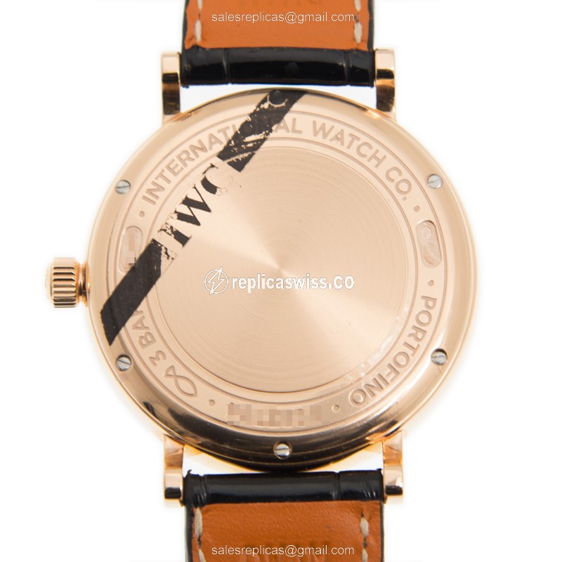 IWC Portofino Replica - Automatic - 18kt Rose Gold & Diamond Case - White Dial - Alligator Black Strap - View 3