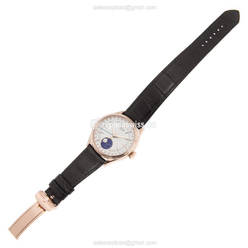 Rolex Cellini Replica - Automatic - 18kt Rose Gold Case - White Dial - Brown Alligator Strap - View 2