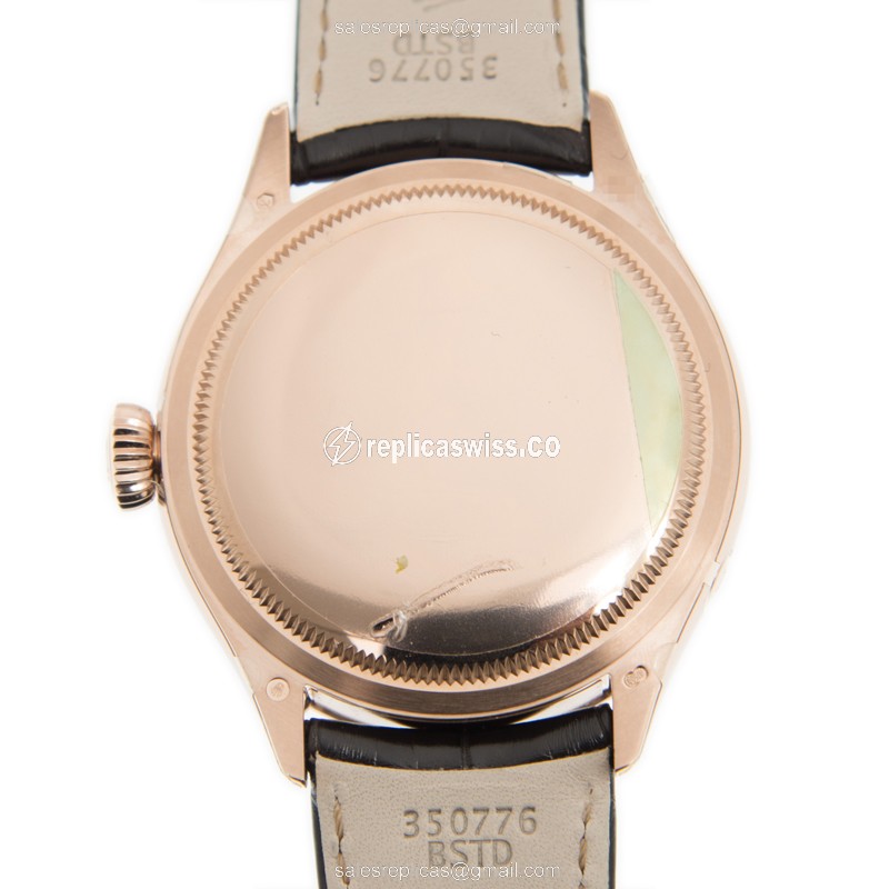 Rolex Cellini Replica - Automatic - 18kt Rose Gold Case - White Dial - Brown Alligator Strap - View 3