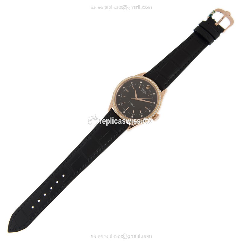 Rolex Cellini Replica - Automatic - 18kt Rose Gold - Black Dial on Black Alligator Strap - View 2