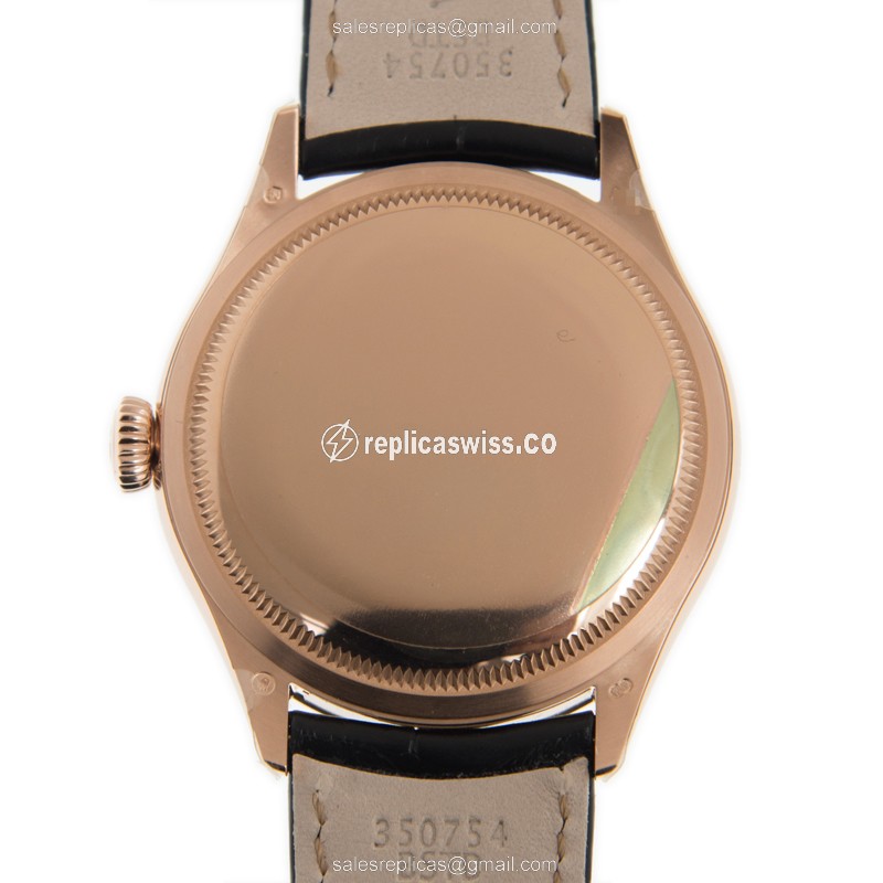Rolex Cellini Replica - Automatic - 18kt Rose Gold - Black Dial on Black Alligator Strap - View 3