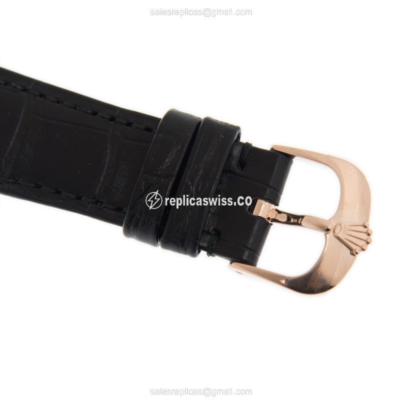 Rolex Cellini Replica - Automatic - 18kt Rose Gold - Black Dial on Black Alligator Strap - View 4