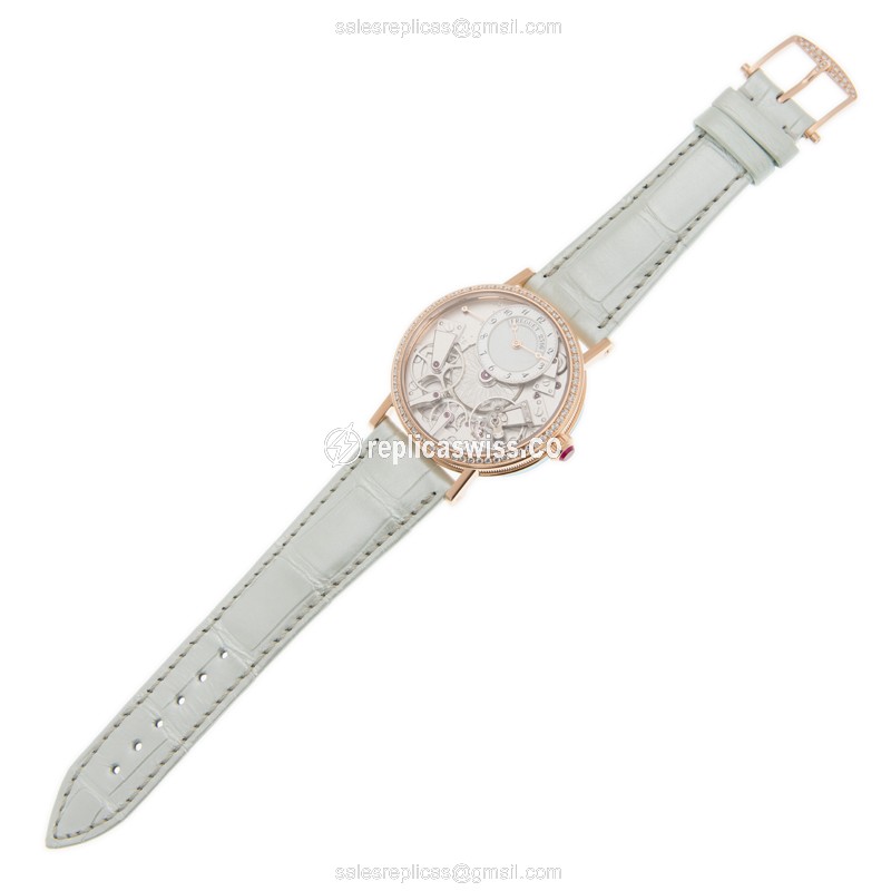 Breguet Tradition Replica - Automatic - 18kt Rose Gold - Diamond Bezel - Silver Dial - Alligator White Strap - View 2
