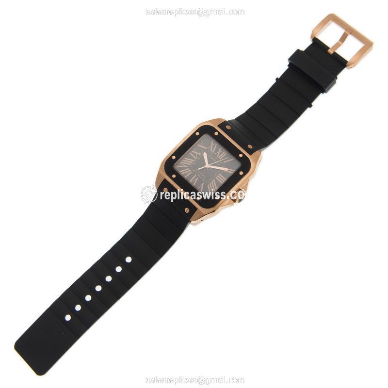 Cartier Santos Replica - Auto - Rose Gold - Black - Rubber - View 2