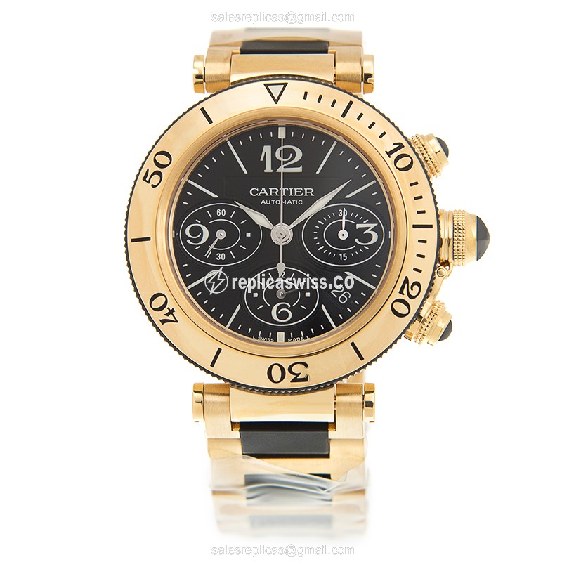 Cartier Pasha De Cartier Replica - Auto - 18kt Yellow Gold - Black Dial - Gold Strap - View 2