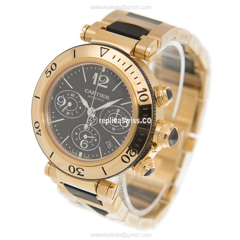 Cartier Pasha De Cartier Replica - Auto - 18kt Yellow Gold - Black Dial - Gold Strap - View 3