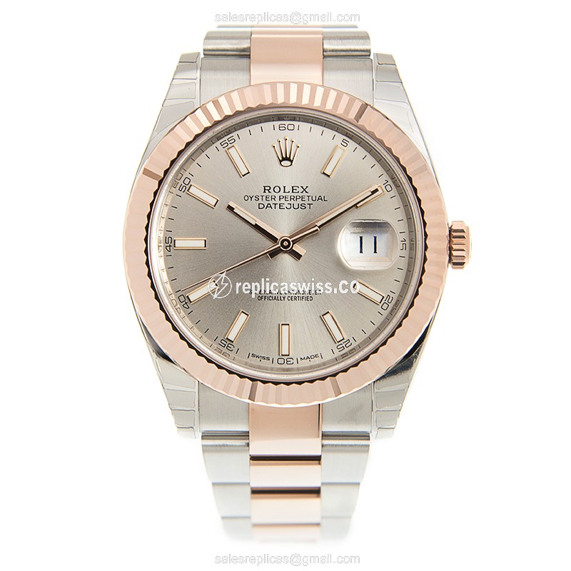 Rolex Datejust Replica - Automatic - 18kt Rose Gold & Steel - Silver Dial - Gold Strap - View 2