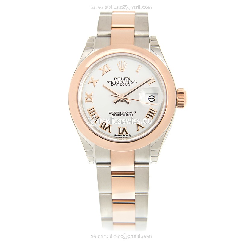 Rolex Lady Datejust Replica - Automatic - 18kt Rose Gold Case - White Dial - Gold Steel Strap - View 2