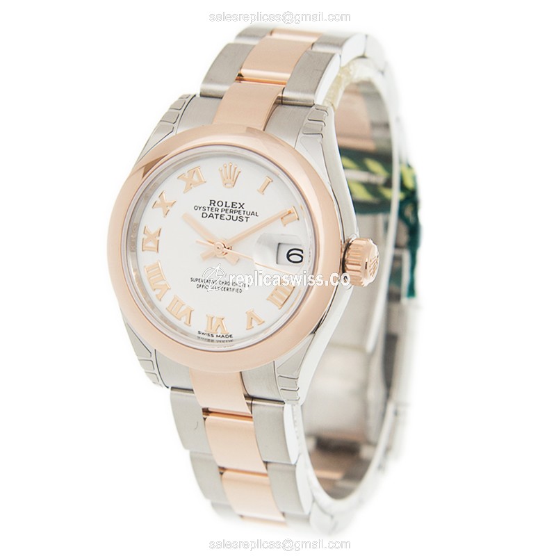 Rolex Lady Datejust Replica - Automatic - 18kt Rose Gold Case - White Dial - Gold Steel Strap - View 3