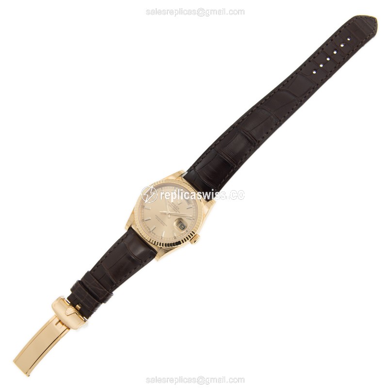 Rolex DAY-DATE Replica - 18kt Gold Case - Automatic - Brown Alligator Strap - View 2