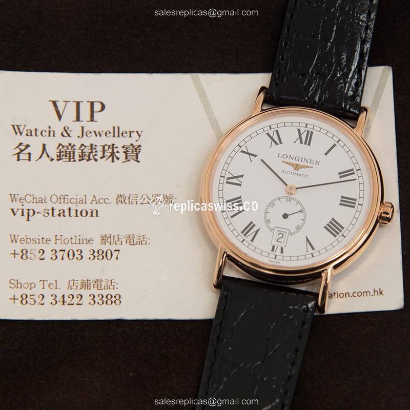 Longines Presence Replica - Automatic PVD Gold - White Dial, Black Buckle Cowhide Strap - View 4