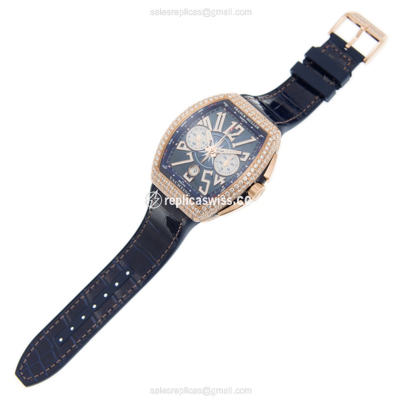 Franck Muller V 45 CC DT D YACHTING 18kt Rose Gold - Diamonds - Blue Dial - Leather Strap - View 2
