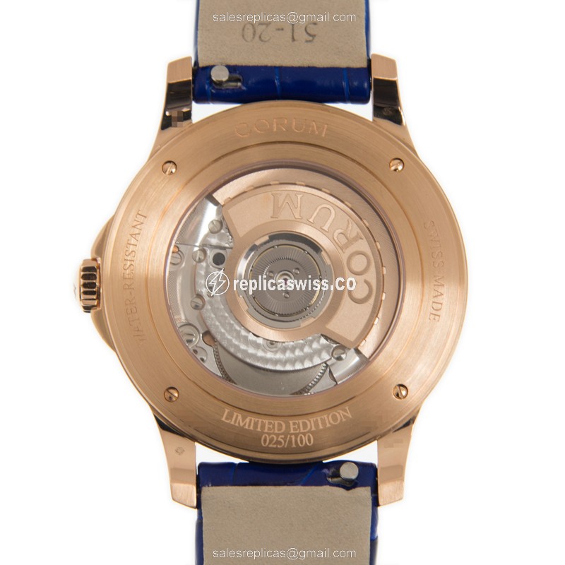 Corum Heritage Replica - Automatic 18kt Rose Gold - Blue Dial - Alligator Black Strap - View 3