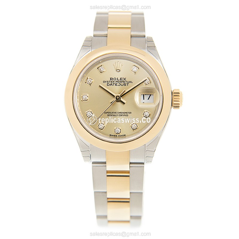 Rolex Datejust Replica: 18kt Gold & Steel - Automatic - Gold Dial on Gold Strap - View 2