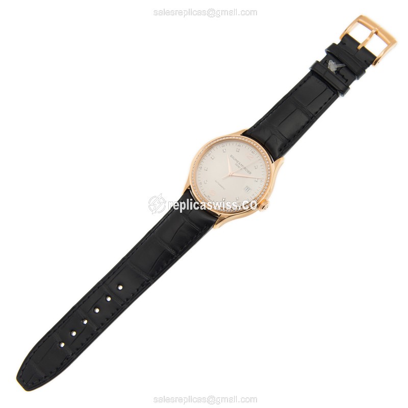 Baume & Mercier M0A10194 CLIFTON - Automatic - 18kt Rose Gold - Diamond Dial - White - Black Alligator Buckle - View 2