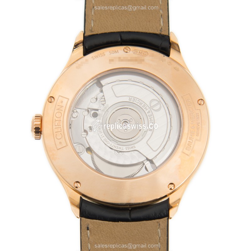 Baume & Mercier M0A10194 CLIFTON - Automatic - 18kt Rose Gold - Diamond Dial - White - Black Alligator Buckle - View 3