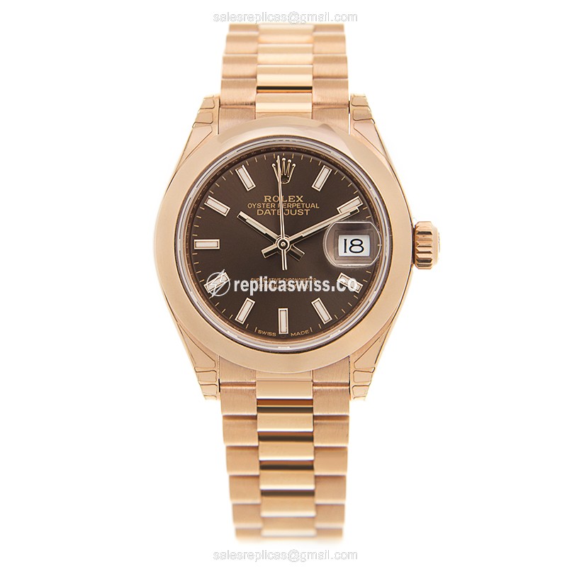Rolex Datejust Replica - Automatic - 18kt Rose Gold - Brown Dial, Gold Clasp & Strap - View 2
