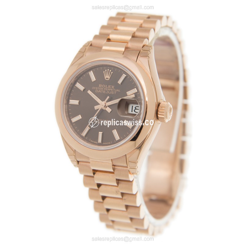 Rolex Datejust Replica - Automatic - 18kt Rose Gold - Brown Dial, Gold Clasp & Strap - View 3