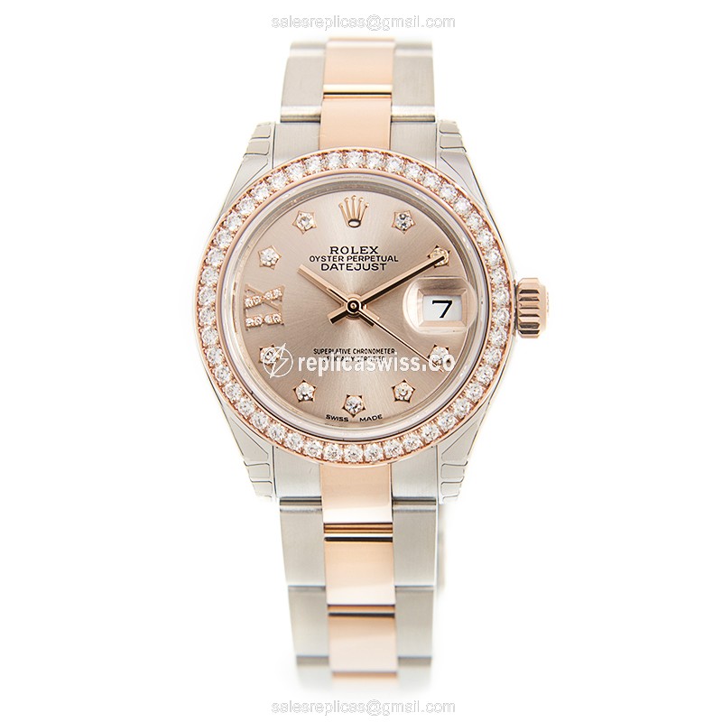 Rolex Lady Datejust Replica - 18kt Rose Gold - Automatic - Pink Dial - Diamond Clasp & Gold Steel Strap - View 2