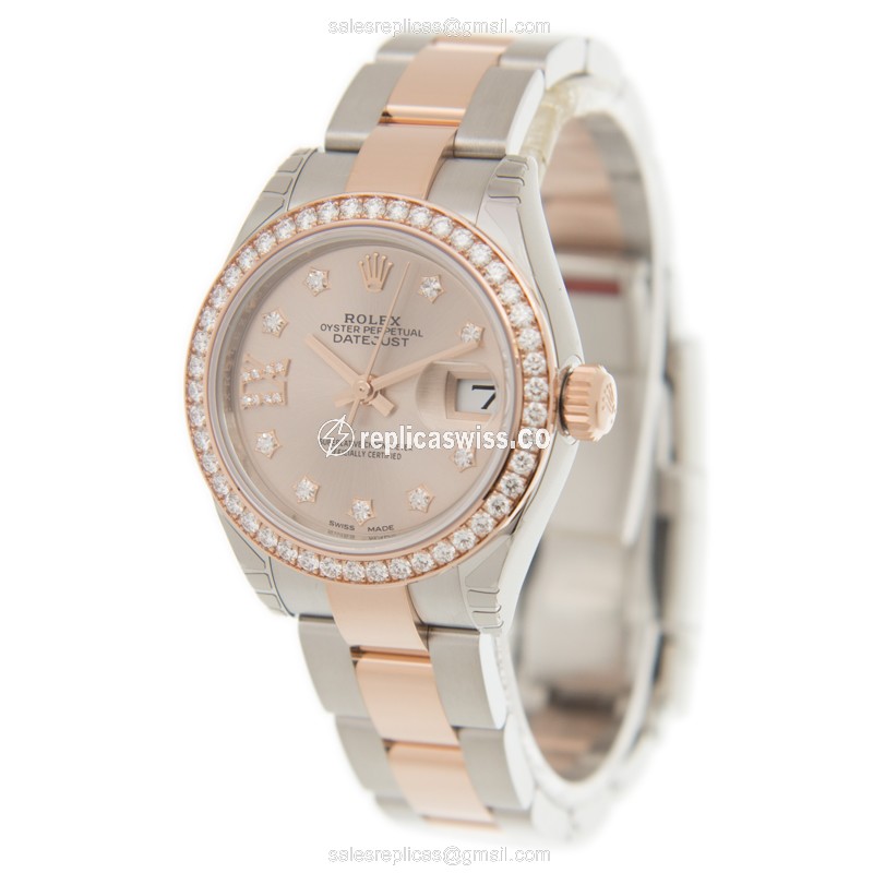 Rolex Lady Datejust Replica - 18kt Rose Gold - Automatic - Pink Dial - Diamond Clasp & Gold Steel Strap - View 3